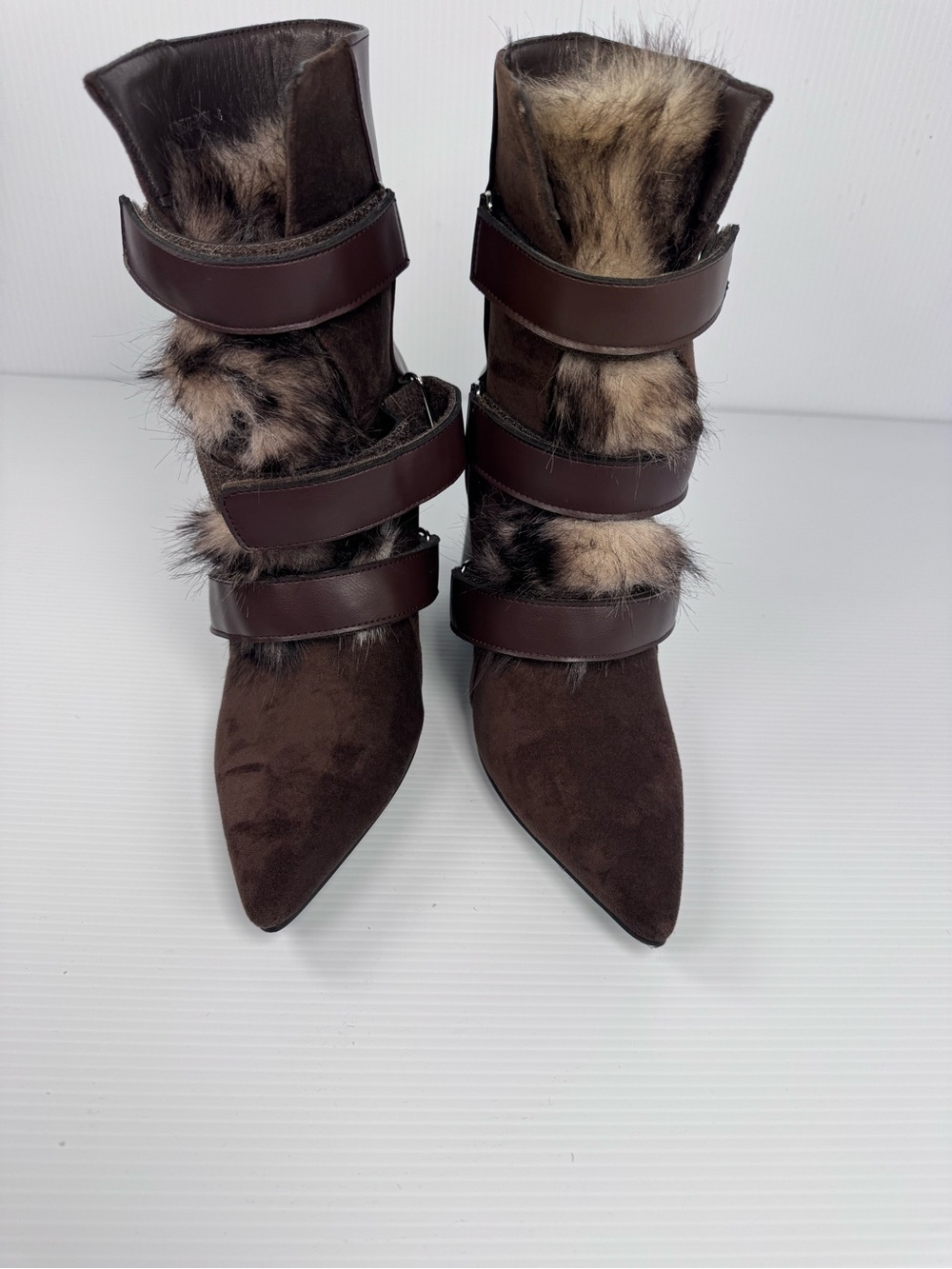 Azalea Wang Maranette Brown Faux Fur Strap Sz 6.5 & 7 Pointed Toe Wedge Heel